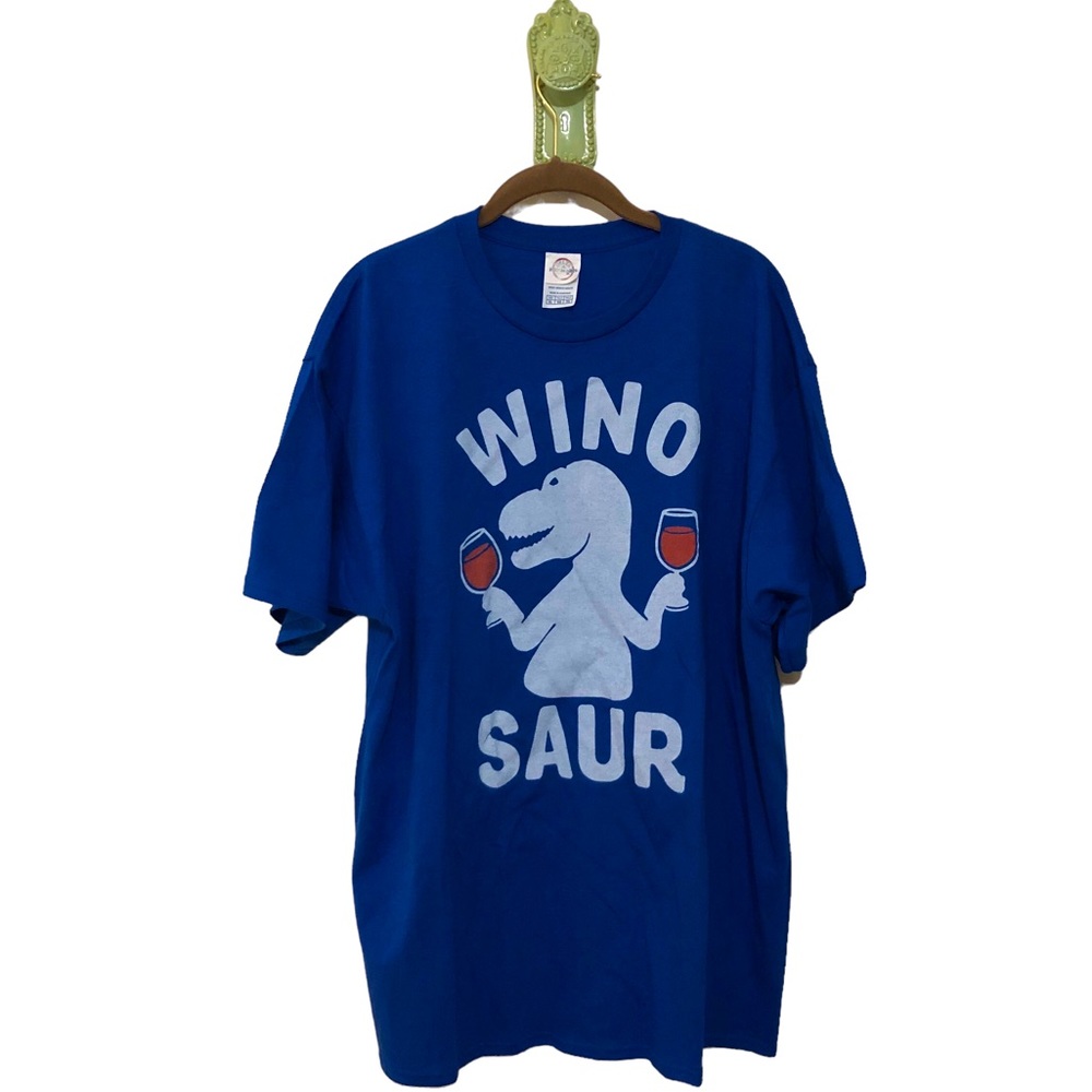Wine Lover Novelty Graphic Tee Blue Dinosaur Red Glass XL